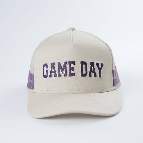 Embroidered Game Day Double Stripe Trucker Hat: Purple