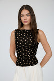 Polka Dot Boat Neck Sleeveless Mesh Knit Top
