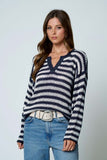 Stripe Raw Edge Split Neck Sheer Knit Sweater