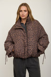 Leopard Puffer Stand Collar Strap Detail Jacket