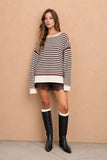 Stripe Contrast Stitch Raw Edge Knit Sweater