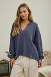 Solid Patchwork Split Neck Knit Top
