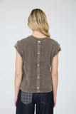 Acid Washed Tab Sleeve Back Button Knit Top