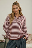 Button Henley Stripe Long Sleeve Drop Shoulder Sweater