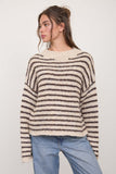Stripe Rolled Edge Detail Long Sleeve Knit Sweater