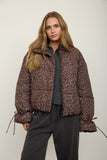 Leopard Puffer Stand Collar Strap Detail Jacket