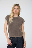 Acid Washed Tab Sleeve Back Button Knit Top