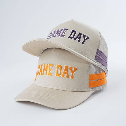 Embroidered Game Day Double Stripe Trucker Hat: Orange