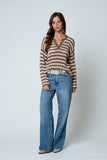 Stripe Raw Edge Split Neck Sheer Knit Sweater