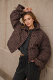 Leopard Puffer Stand Collar Strap Detail Jacket
