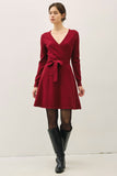 Wine Belted Sweater Dress