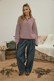 Button Henley Stripe Long Sleeve Drop Shoulder Sweater