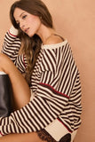 Stripe Contrast Stitch Raw Edge Knit Sweater