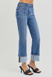 High Rise Ankle Straight Wide Cuffed Jeans
