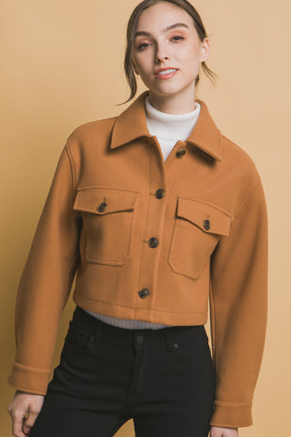 Camel Fleece Crop Shacket