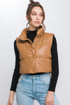 Faux Leather Puffer Vest - Camel