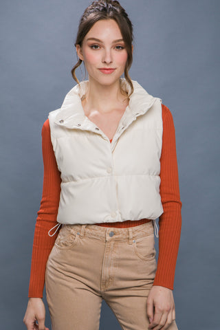 Faux Leather Puffer Vest - Ivory