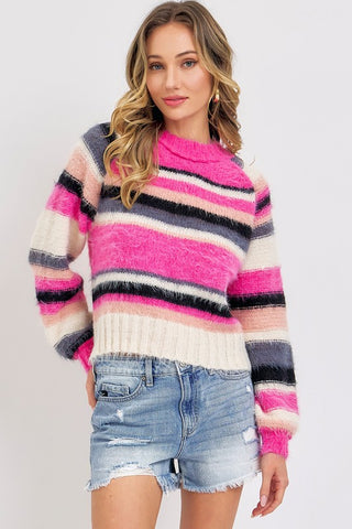 Ivory Pink Comfy Striped Sweater