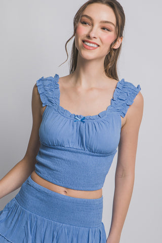 Smocked Ruffle Tank Top - Blue