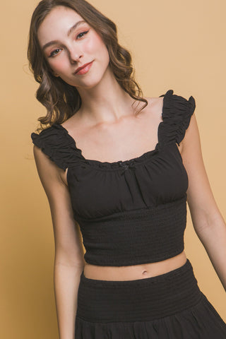 Smocked Ruffled Tank Top - Black