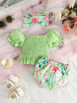 Mint Floral Bow Puff-Sleeve Set