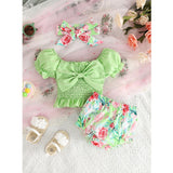 Mint Floral Bow Puff-Sleeve Set