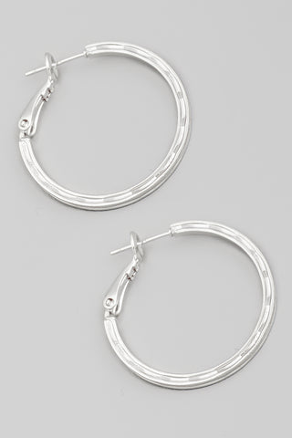 Silver Flat Textured Hoop Earrings